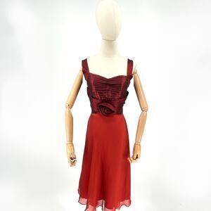 Vintage 50s Galatea Red Silk Iridescent Corset Rosette Midi Dress